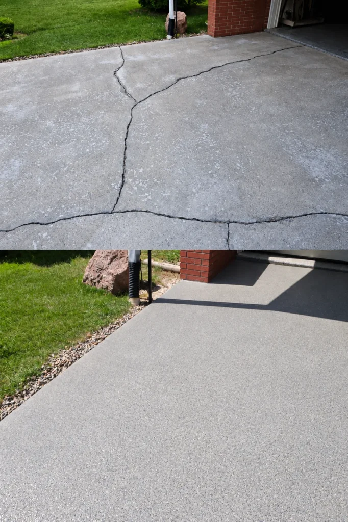 Cracked concrete driveway before repair and the same driveway after resurfacing in Orleans, Ottawa